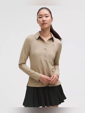 Lululemon Quick-Dry Long-Sleeve Polo Shirt Straight Hem size 10 Sheer Oak Tan